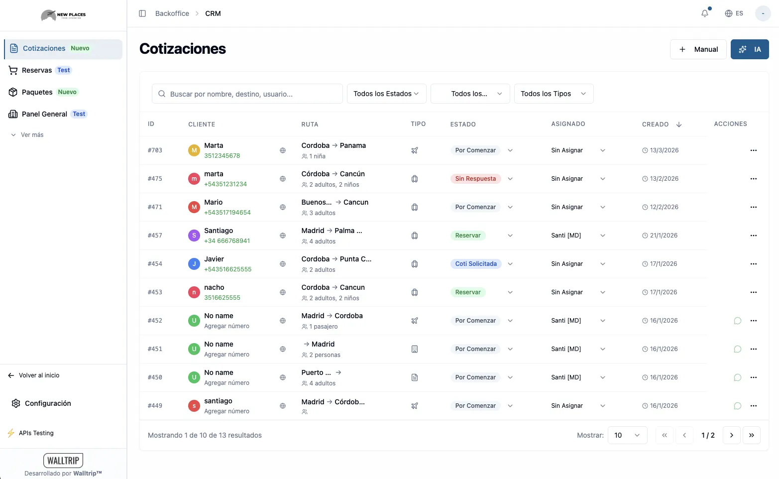 Walltrip CRM showing quotes, statuses, and assignments
