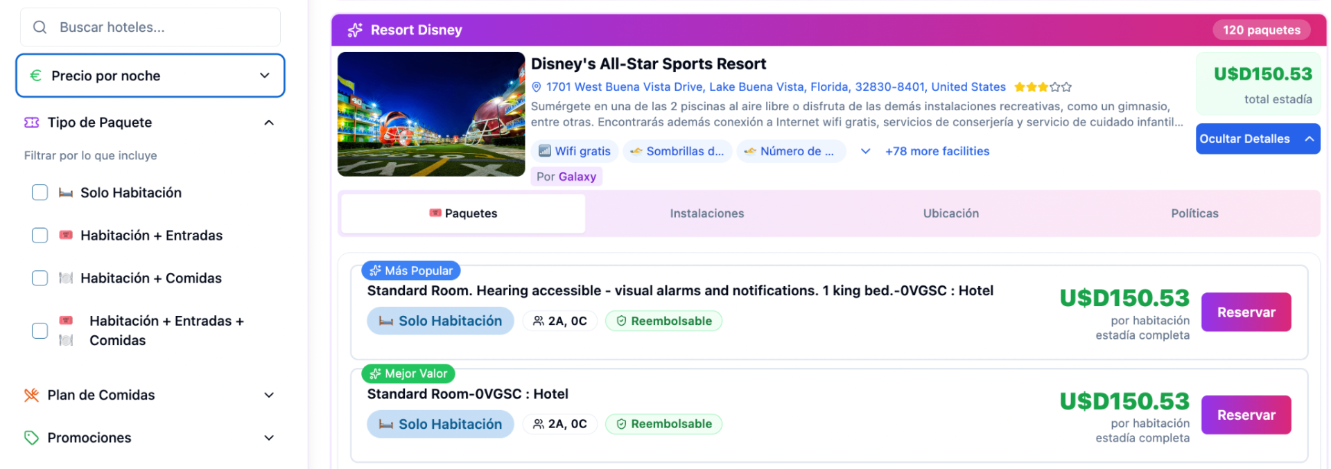 Resultados de hoteles Disney — Disney's All-Star Sports Resort con paquetes, filtros y tarifas reembolsables