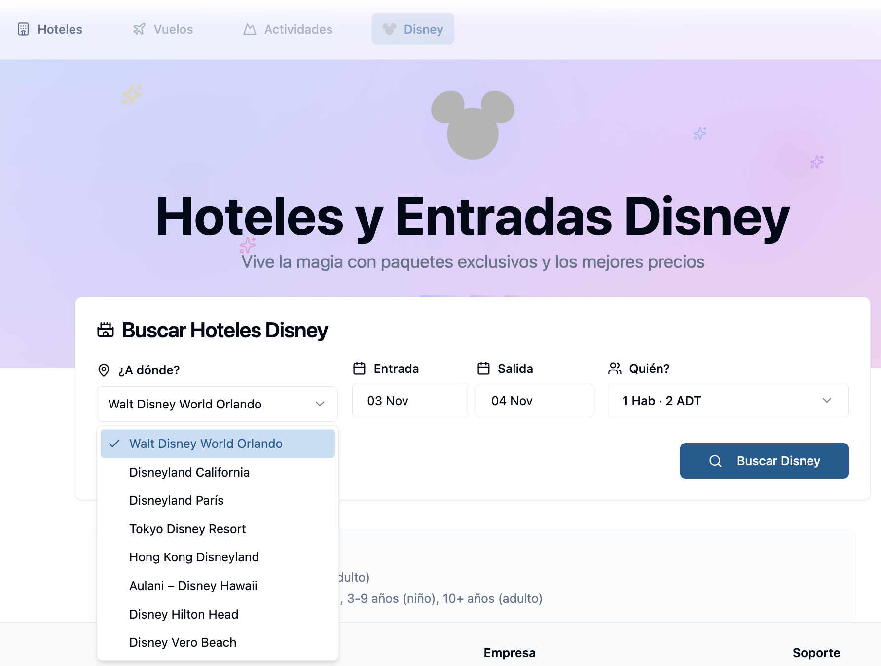 Interfaz de búsqueda de Disney Resorts en Walltrip — selector de destino, fechas y pasajeros