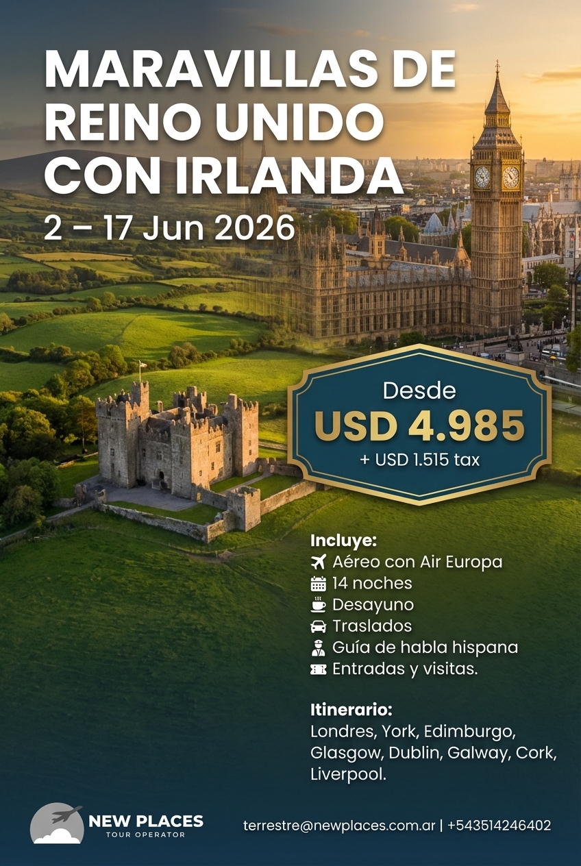 Flyer turístico Reino Unido + Irlanda · 16 días generado por Marketing IA