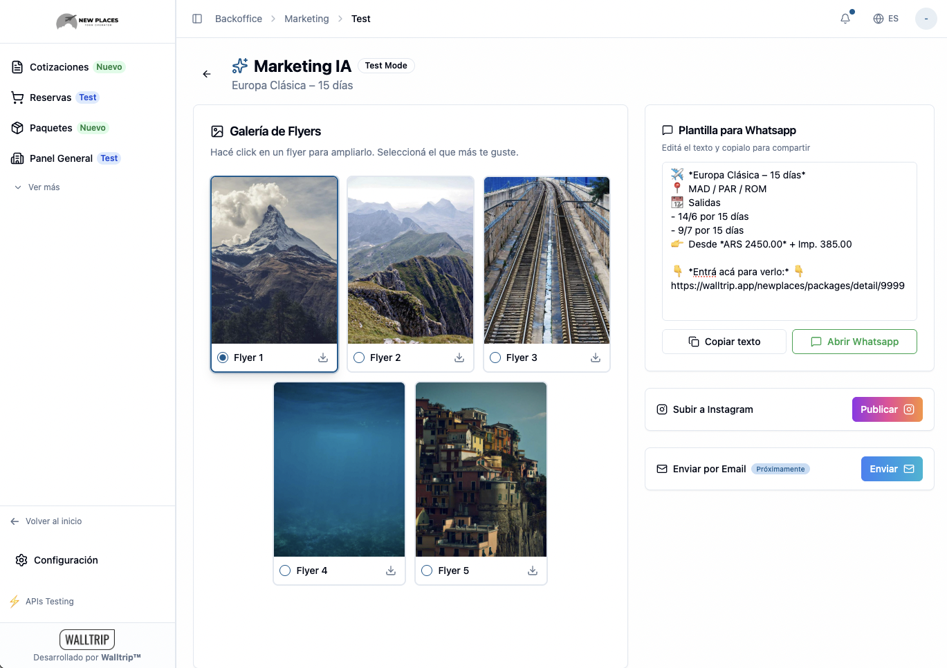 Captura del módulo Marketing IA en Walltrip